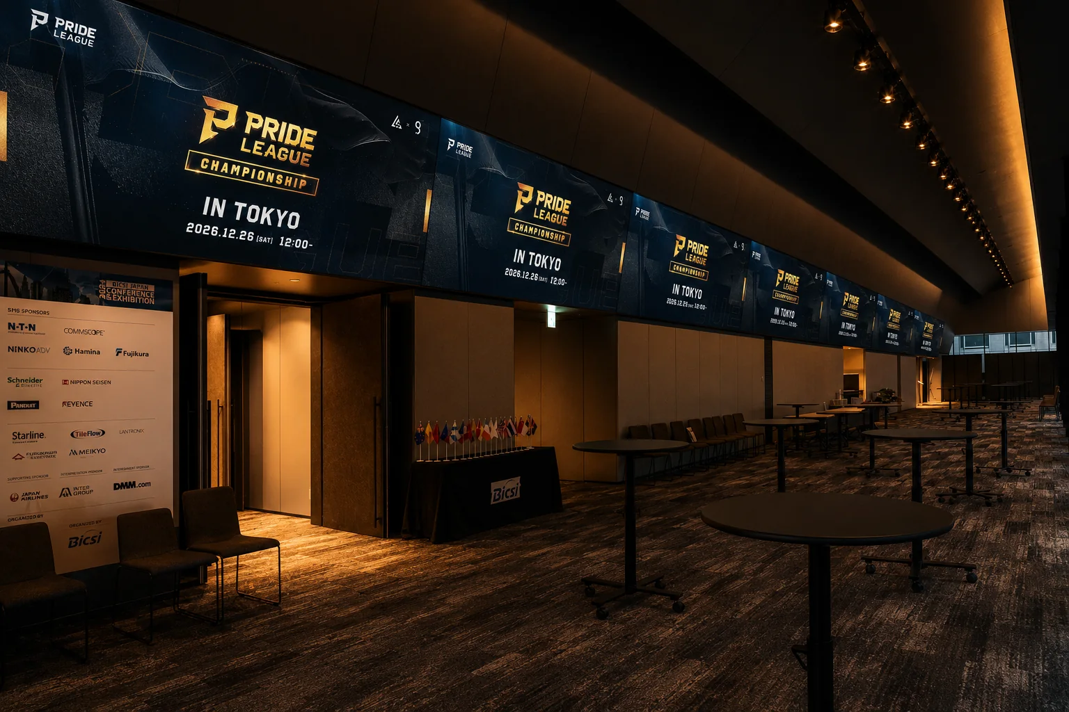 TODA HALL & CONFERENCE TOKYOの会場ホワイエ。壁面のCHAMPIONSHIPビジュアルとテーブルが並ぶ空間